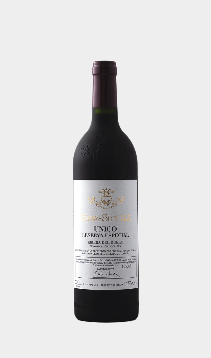 Vega Sicilia Unico Reserva Especial 2017 release wine bottle with luxury Spanish wine label and prestigious presentation.