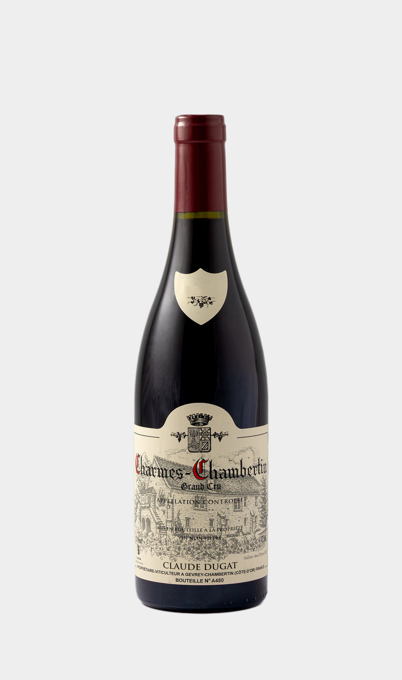 Claude Dugat Charmes-Chambertin Grand Cru 2021 wine bottle with prestigious Burgundy branding and refined design.