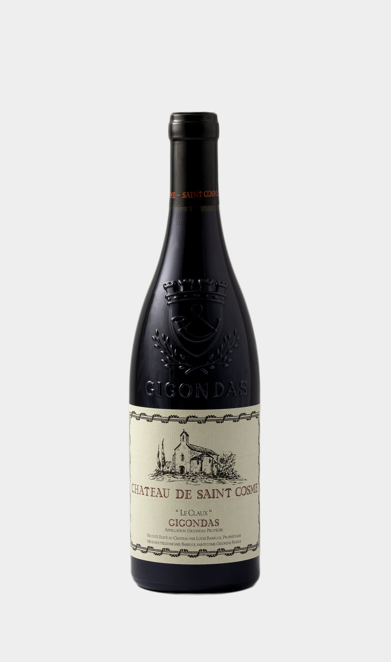 Château de Saint Cosme Gigondas Le Claux 2019 wine bottle with Rhône Valley label and refined French wine presentation.