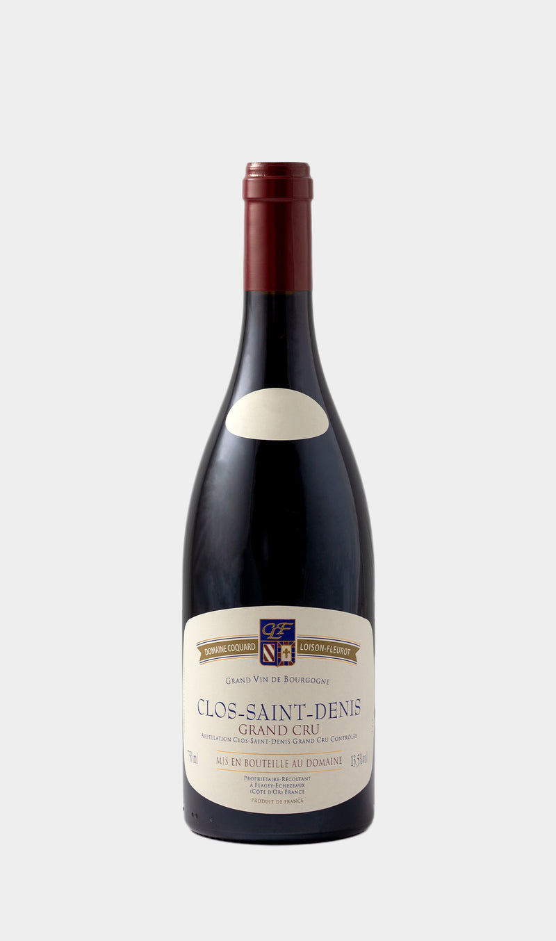 Coquard Loison Fleurot Clos Saint-Denis Grand Cru 2023 wine bottle with prestigious label and high-end Burgundy branding.