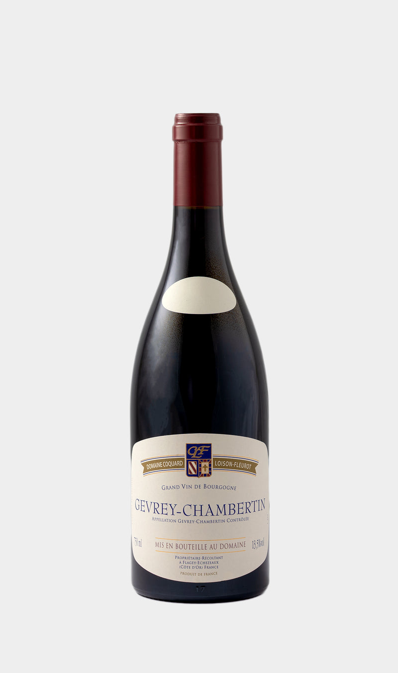 Coquard Loison Fleurot Gevrey-Chambertin 2023 wine bottle showcasing traditional label and premium French wine identity.