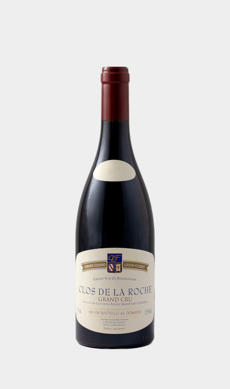 Coquard Loison Fleurot Clos de la Roche Grand Cru 2023 wine bottle with elegant label and luxury Burgundy presentation.