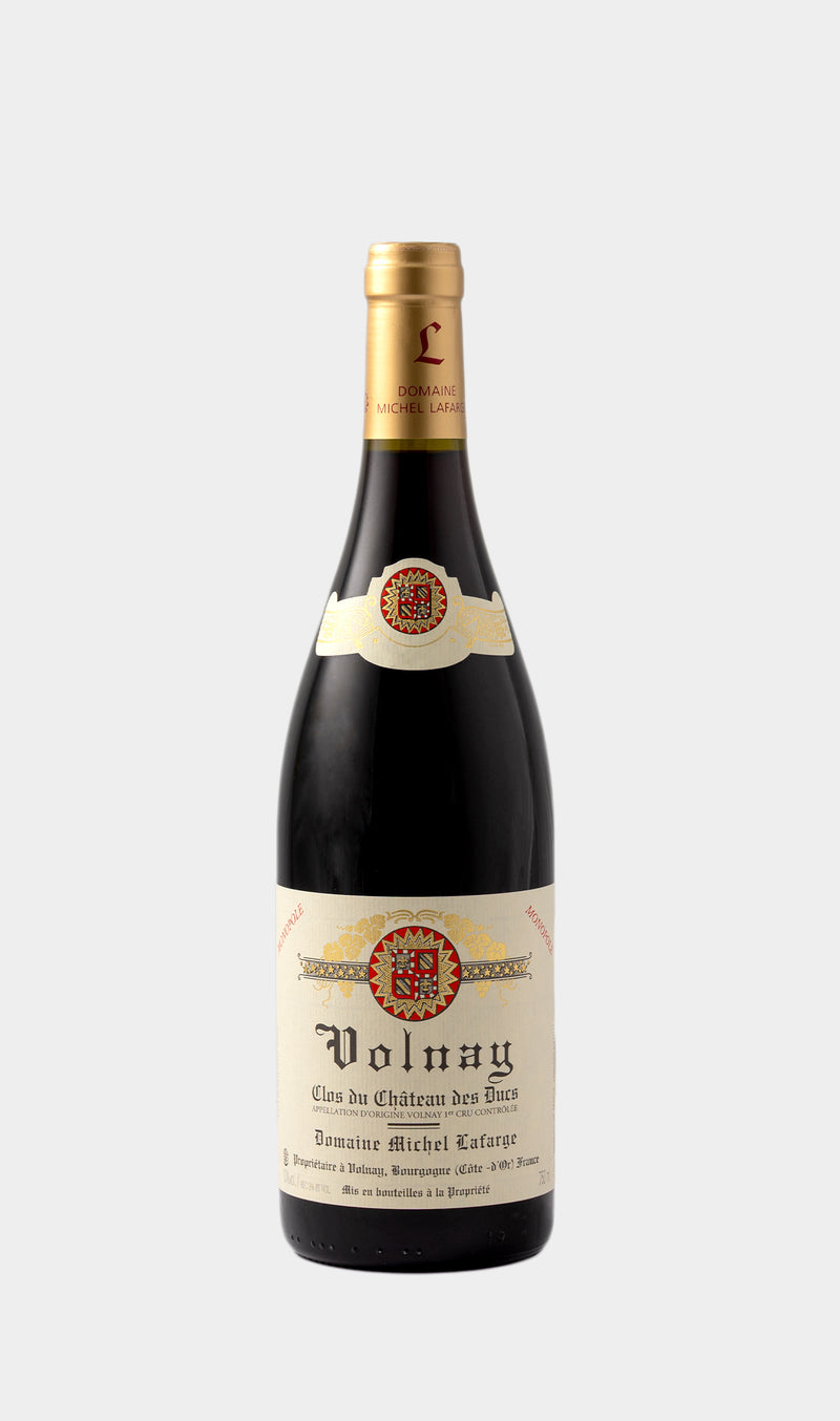 Michel Lafarge Volnay 1er Cru Clos du Château des Ducs 2020 wine bottle with classic Burgundy label and refined design.