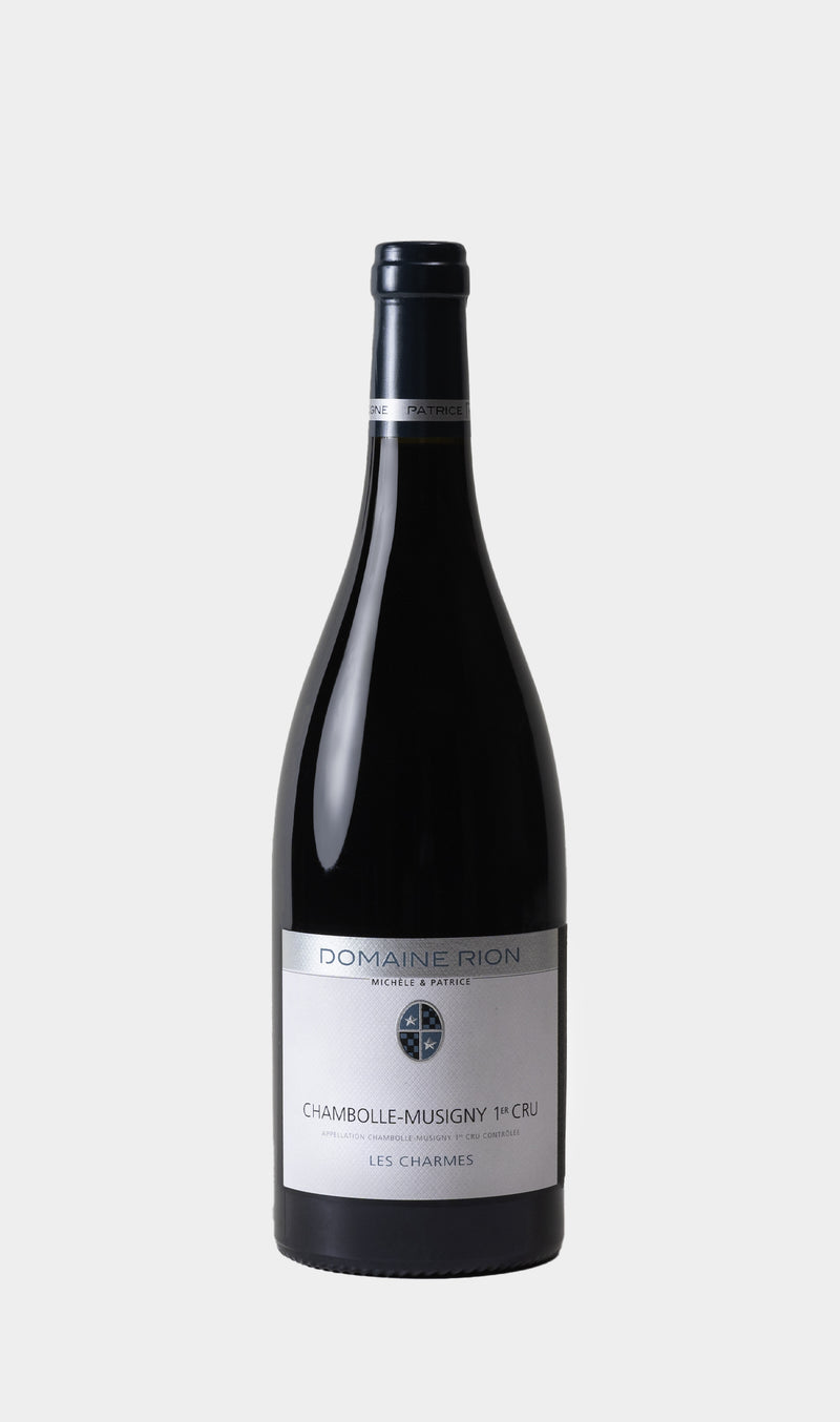 Michele Patrice Rion Chambolle-Musigny 1er Cru Les Charmes 2022 wine bottle with sophisticated label and premium French wine branding.