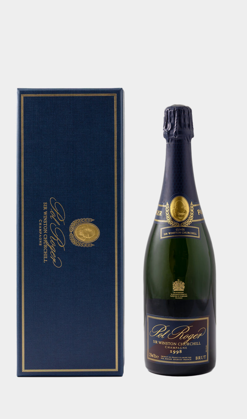 Pol Roger Sir Winston Churchill 1998 champagne bottle featuring iconic luxury label and vintage prestige cuvée presentation.